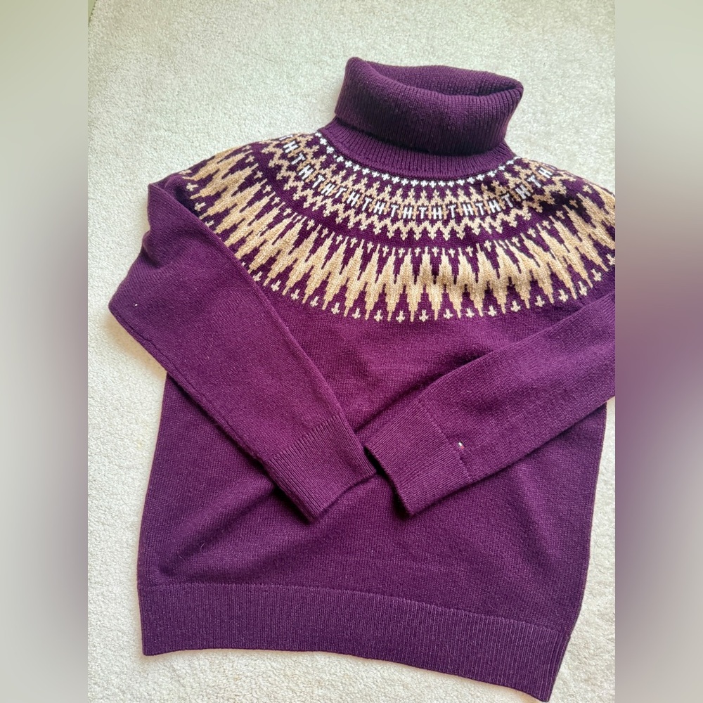Tommy Hilfiger Plum and Gold Nordic TH Patterned Turtleneck Sweater
